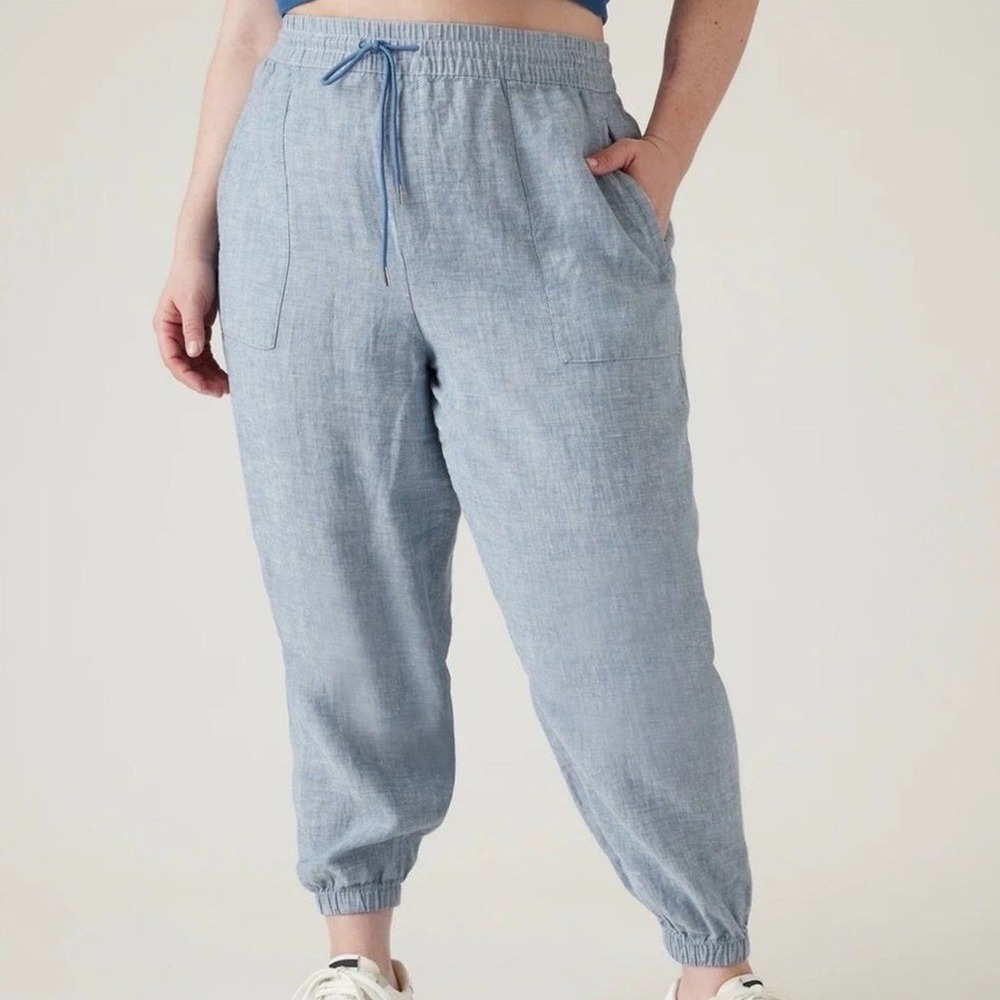Athleta Joggers Womens 20 Blue Retreat Linen Drawstring Pockets Summer Cropped